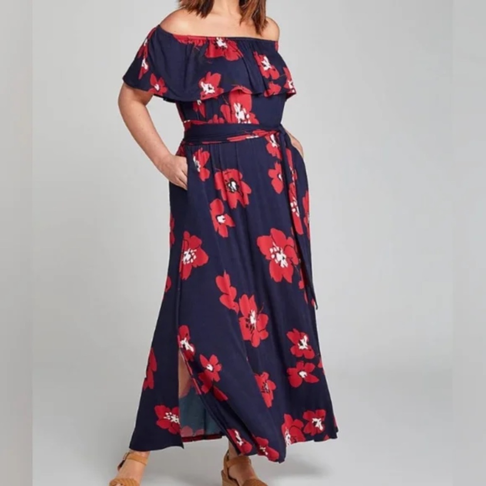 Off-Shoulder Navy Floral Maxi Dress with Belt